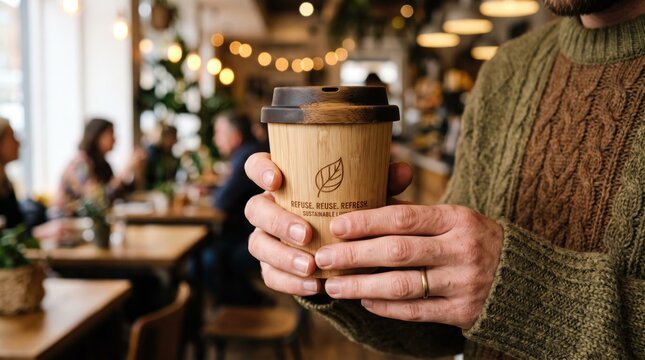 Man hands holding reusable bamboo coffee cup with wooden lid in cozy cafe, sustainable lifestyle and eco-friendly zero waste, organic material drinkware for hot beverages