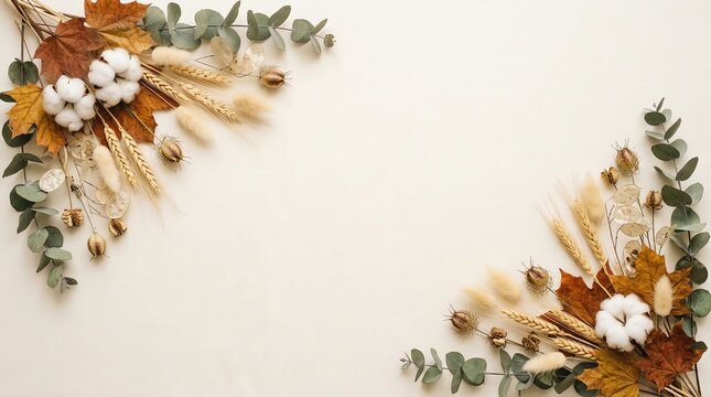 Autumn floral arrangement with dried leaves cotton flowers and eucalyptus branches on a neutral beige background