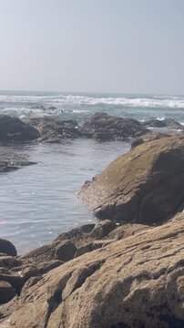 Vertical Shot of Rocky Coastal Tidal Pool with Ocean Waves