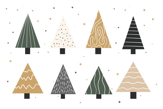 Set of Christmas tree icons in flat minimal Scandinavian style, vector illustration with patterns, isolated on white background