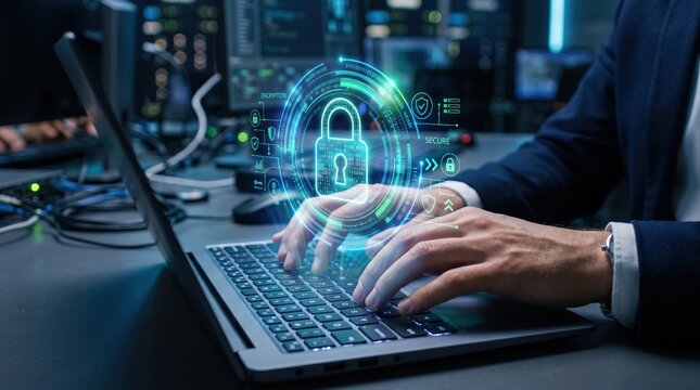 Cyber security with holographic padlock over laptop keyboard, business professional typing code, digital protection, encryption, data privacy, network safety, firewall