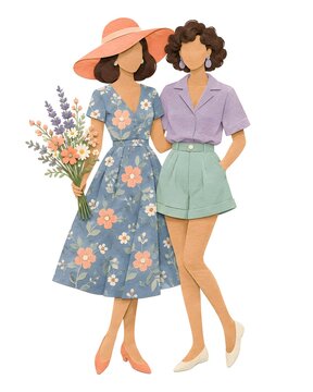 Two women are seen together. One woman is wearing a blue floral dress and a large hat. The other woman is dressed in shorts and a shirt. They hold a bouquet of flowers