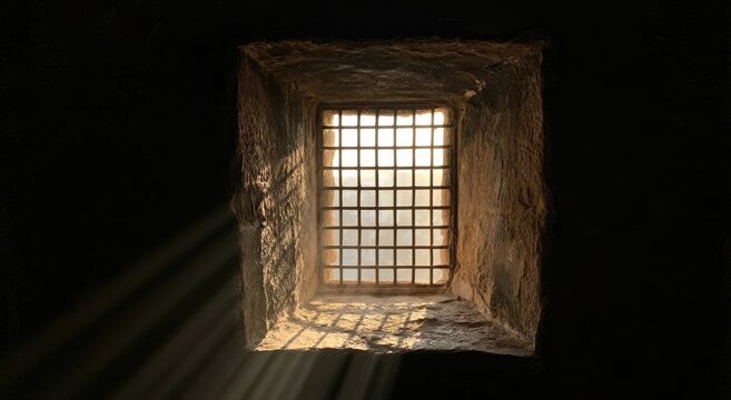 Sunbeams stream through a barred window in a dark, stone cell