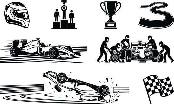Car racing vector element set featuring formula racecar pit stop crew crash helmet trophy podium and checkered flag