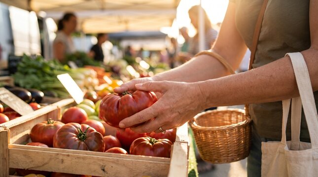 Customer hands selecting large ripe heirloom tomato in wooden crate at farmers market