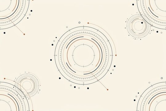Seamless pattern featuring technical circular radar thin black and copper lines, dots, and crosshairs on a light beige background