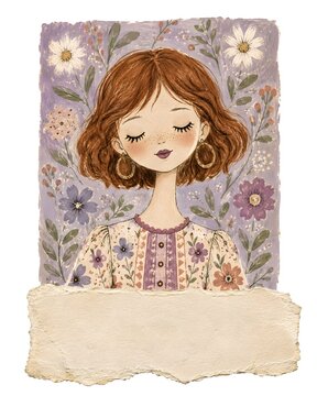 A girl with brown hair and closed eyes stands with a peaceful look. She is framed by flowers and has simple clothing. The background is colorful and floral