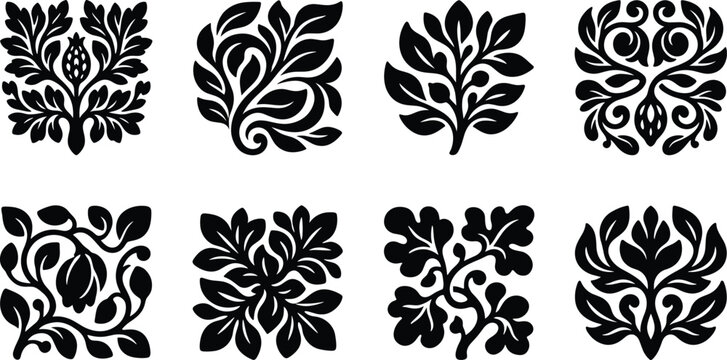 Vintage floral ornamental motifs set featuring decorative black leaf scrollwork and natural emblems
