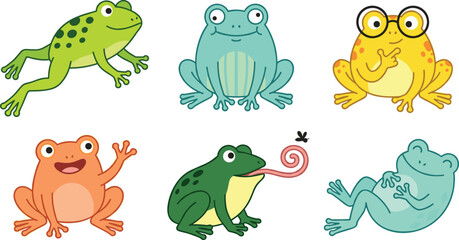 Naklejka premium Cute Cartoon Frogs and Toads Vector Character Set with Jumping Frog sitting with Glasses Catching Fly and Waving Mascot Emotion Illustration Elements