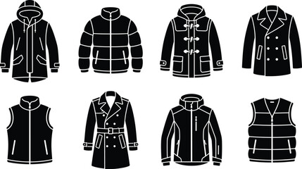 Winter jackets and outerwear icon set featuring parka, puffer jacket, trench coat, vest, and duffle coat. © MdMonowar