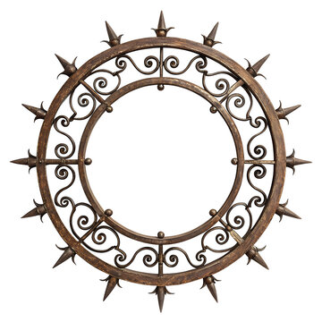 Ornate circular wrought iron frame with spikes isolated on white background