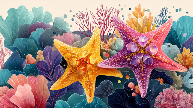 Colorful decorative starfish adorned with delicate floral petals and botanical elements, set within a vibrant coral reef ecosystem