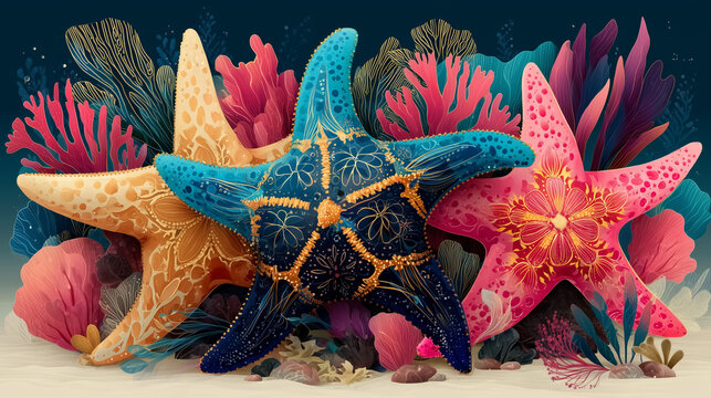 Colorful decorative starfish adorned with delicate floral petals and botanical elements, set within a vibrant coral reef ecosystem