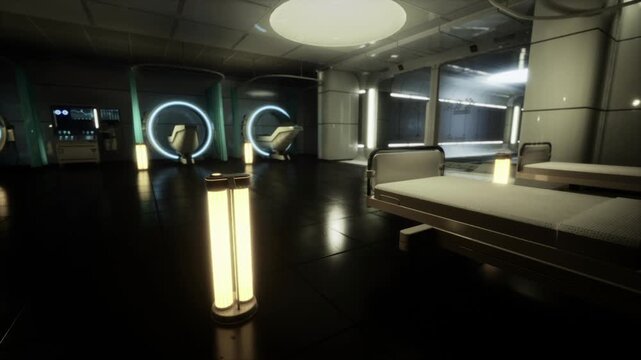 Cyberpunk triage ward with buzzing neon rings and glossy floor, spartan beds and vertical lamps with hightech diagnostic glimpses in background, edgy emergency