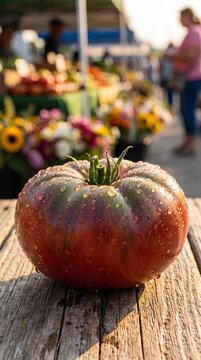 Close up of ripe heirloom tomato covered in water drops on wooden table at outdoor market