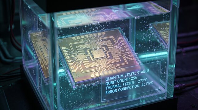Liquid submerged quantum processor core with status telemetry holographic HUD overlay in a cryo unit.