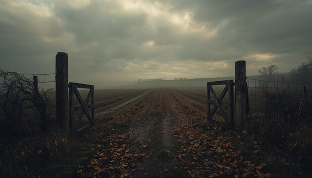 Old wooden fence in fog beside a muddy country path &mdash; part of a folk horror and dark poetry series
