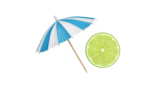 Bright blue beach umbrella with lime slice on white background