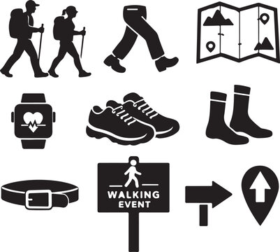 Walking event element collection with hikers and animated walking pants, vector EPS activity set design.