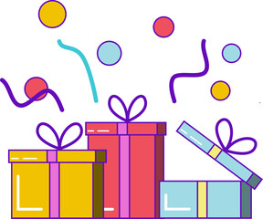 Obraz premium Colorful gift boxes floating on transparent background, confetti shapes dancing in flat design