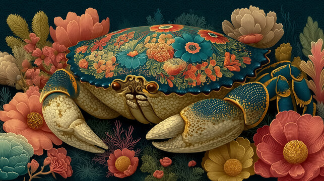 Decorative floral crab featuring intricate botanical patterns in a Scandinavian folk art style, surrounded by blooming flowers and coral-inspired marine elements
