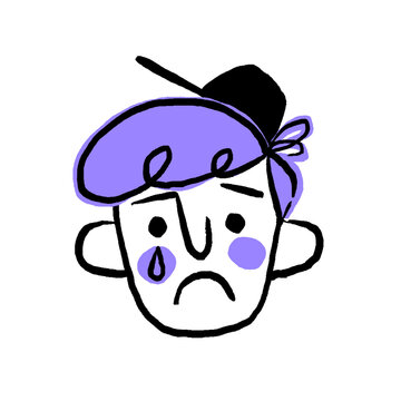 Showing flat design frowning, crying icon with purple hair, backward cap on transparent background
