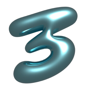 3D glossy turquoise-blue 3-shaped sculpture is floating on transparent background, with grooves