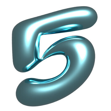 Stylized 3D numeral 5 is floating on transparent background, showing glossy cyan teal metal finish