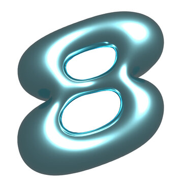 Smooth cyan chrome eight is tilting in 3D on transparent background showing neon rim highlights