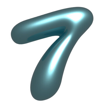 Glossy cyan-turquoise 3D numeral 7 is floating on transparent background, showing bulbous rim light