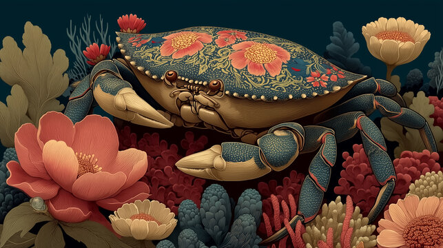 Decorative floral crab featuring intricate botanical patterns in a Scandinavian folk art style, surrounded by blooming flowers and coral-inspired marine elements