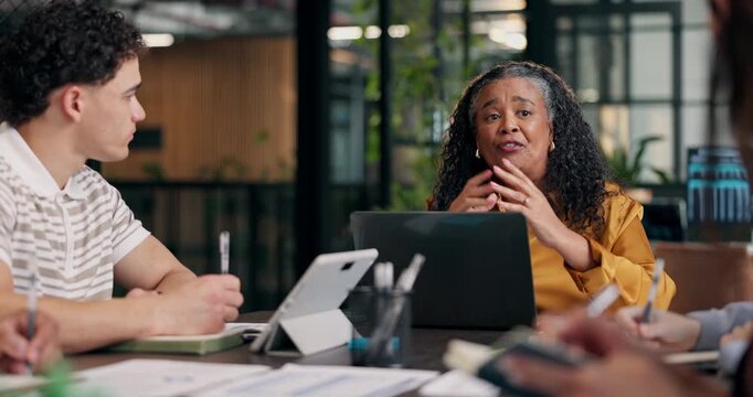 Meeting, finance and business woman with team in discussion for trading numbers, laptop and data. Manager, group and financial collaboration brief with stock market information or daily trader news