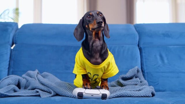 A black and tan dachshund dog in a yellow shirt sits behind a white gaming controller on a blue couch at home, a concept of video game addiction and screen obsession.