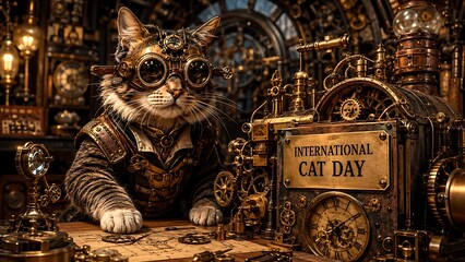 Fototapeta premium Steampunk cat in brass goggles working in a vintage clockwork workshop with gears for International Cat Day, generative AI generated