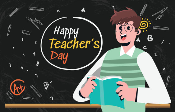 Happy teacher celebrating Teacher's Day with chalkboard