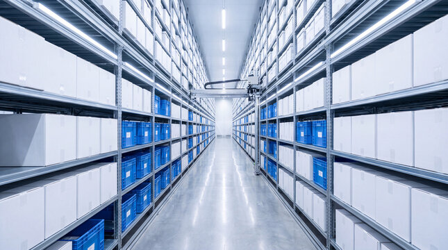 Automated storage warehouse with a robotic gantry arm moving along tall shelving