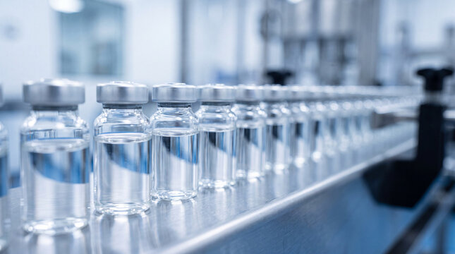 Row of glass vials filled with clear liquid on a pharmaceutical filling line