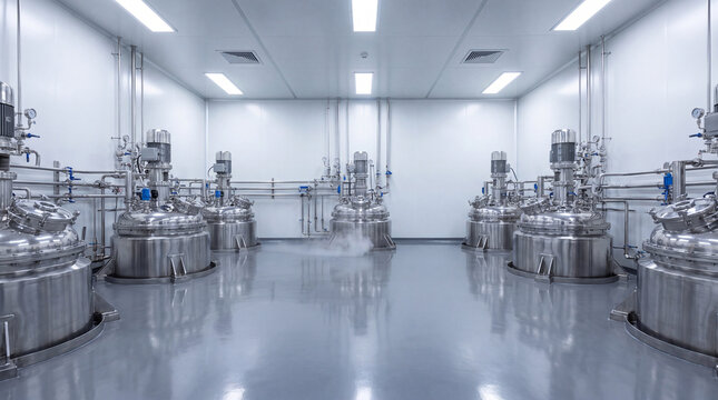 Rows of stainless steel bioreactor tanks in an empty pharmaceutical cleanroom