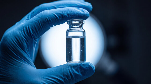 Close-up of a gloved hand holding a glass vial against a dark background