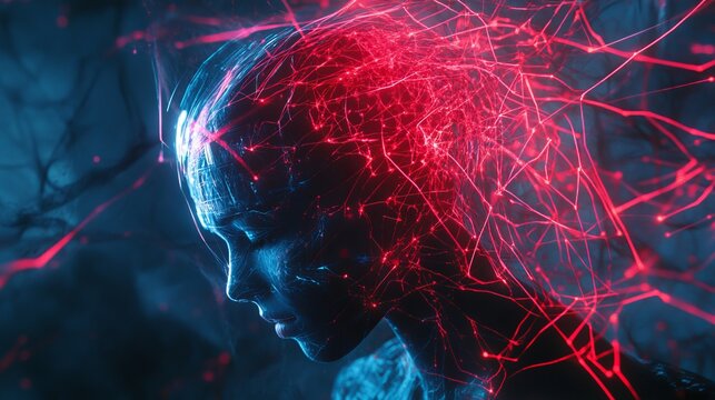 Abstract portrait of a woman's face overlaid with vibrant red and blue digital network lines, symbolizing artificial intelligence and the human mind's complexity