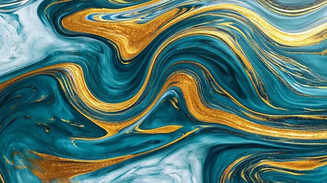 Abstract flowing patterns of teal and gold