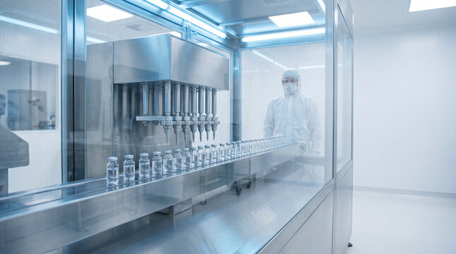 Technician monitoring a vial filling line through a cleanroom isolator window