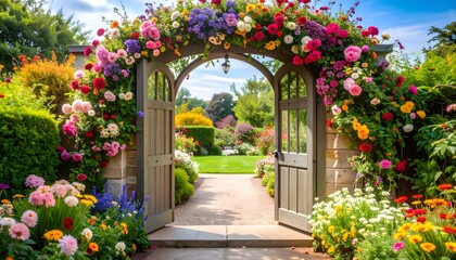 Fototapeta premium Open wooden gate adorned with colorful blooming flowers leading to a sunlit green garden pathway.