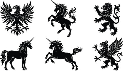 Heraldic mythical creature black silhouette collection featuring double headed eagle rampant lion griffin and majestic medieval unicorns © MdAnarulIslam