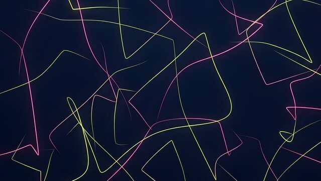 어두운 밤하늘 배경 위로 네온빛 곡선 라인들이 기하학적으로 교차하는 추상 그래픽 / Abstract graphic where neon curved lines intersect geometrically over a dark night sky background