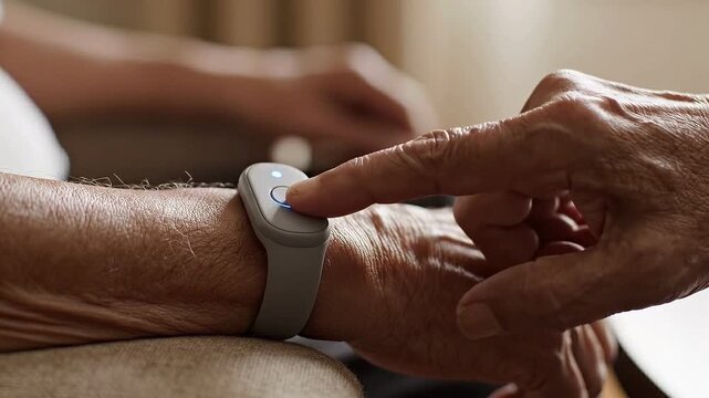 Close Up of Senior Finger Pressing Emergency Medical Alert Button on Wrist