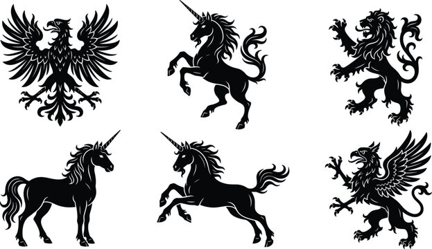 Heraldic mythical creature black silhouette collection featuring double headed eagle rampant lion griffin and majestic medieval unicorns