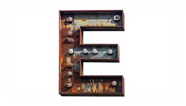 Rusty Metal Letter E with Bulbs in Weathered Finish