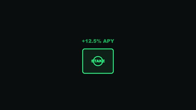 Cryptocurrency stake button interface with 12.5% apy yield display for decentralized finance and blockchain investment platforms animation 4k