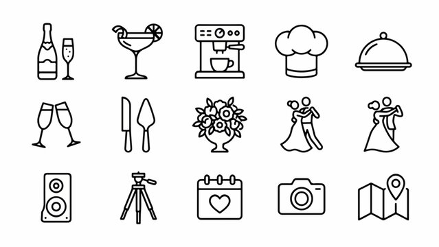 Modern Monoline Indian Wedding & Reception Icons: Black & White Vector Line Set for Cocktails, Coffee Stations & Dance Couples